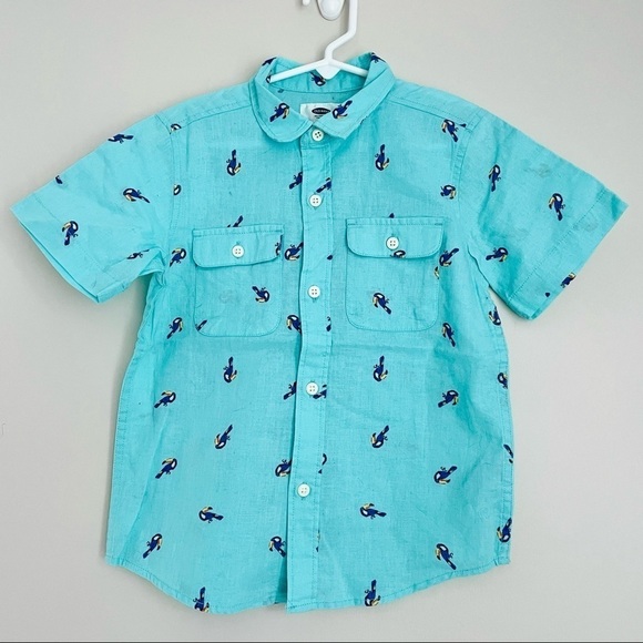 Old Navy Aqua Blue Toucan Bird Short Sleeve Button Down Shirt XS Extra Small - Picture 1 of 8